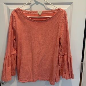 JCrew orange & white long sleeve ruffle shirt